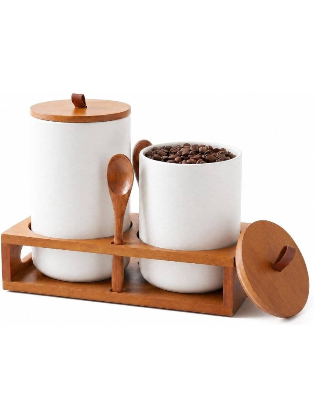 Stylish White Ceramic Canister Set with Bamboo Lids & Wooden Stand - Airtight